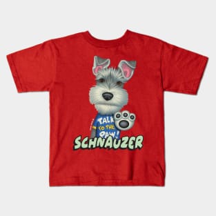 Cute Schnauzer Dog posing with talk to the paw on Schnauzer Wearing Blue Top Kids T-Shirt